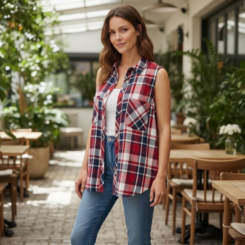 Kismet Sleeveless Plaid Button-Front Tank in Red, Navy & White